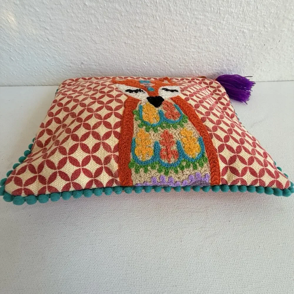 Karma Living Boho Fox Embroidered Zipper Pouch Tassel Pom Pom Makeup Clutch